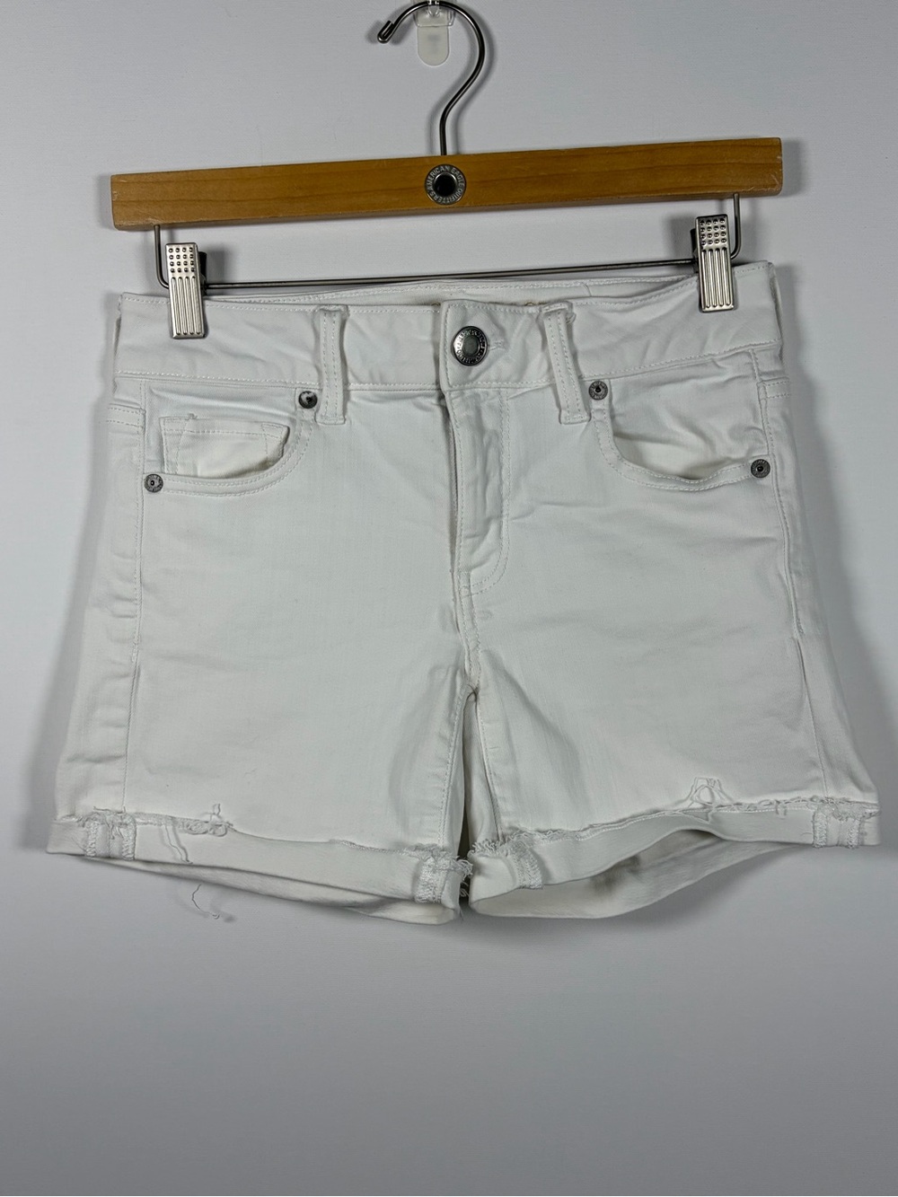 American Eagle Outfitters White Denim Cutoff Midi Shorts